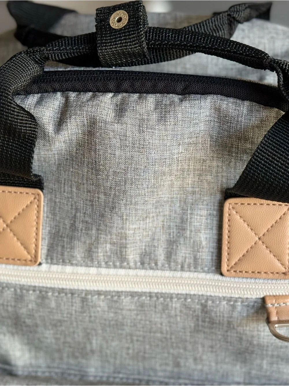 Skip Hop Light Gray Diaper Bag with Black Accents and Tan Trim